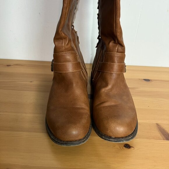 JustFab Brown Knee High Lace-up Boots Faux Leather Pricilla Buckle Size 11 - Picture 4 of 8